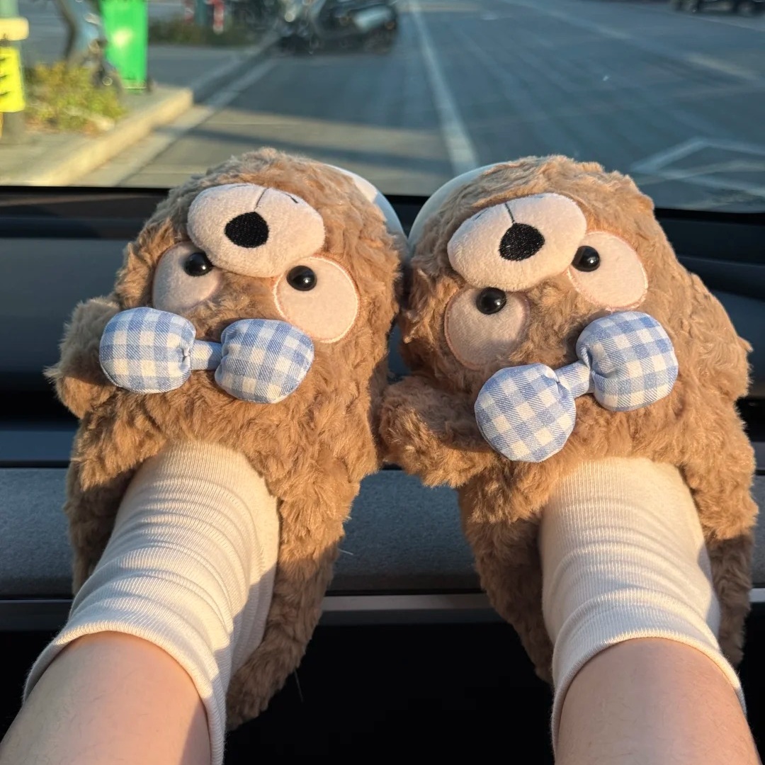 蝴蝶结小熊毛绒厚底包头棉拖鞋