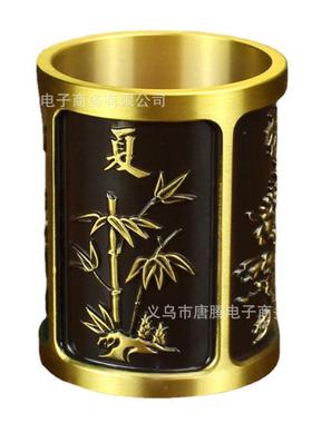 黄铜梅兰竹菊笔筒办公室书房创意金属工艺品春夏秋冬桌面纯铜摆件