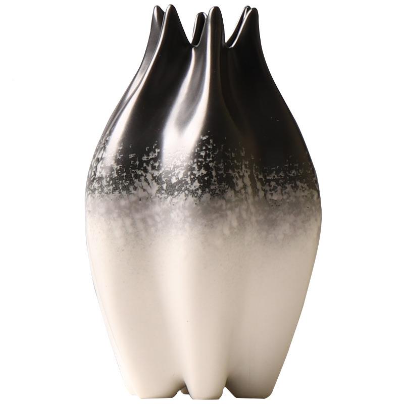 新瓶中式创白拼色OSF意陶瓷花带足爪口插花装饰品样板房插鲜花黑