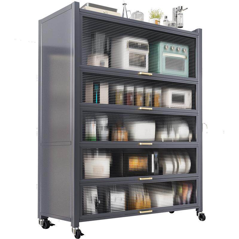 家用厨房用品收纳整理落地置物架碳钢多层带柜门分层厨房置物柜