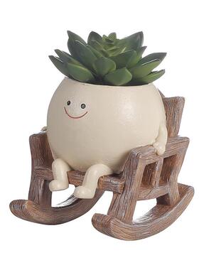 创意新款家居办公多肉花盆可爱摇椅圆脸坐姿花盆植物装饰摆件