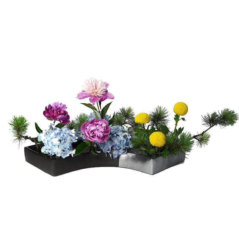 日式现货大扇形花器琳派小原流花道花盘写景插花器皿特大陶瓷大盘