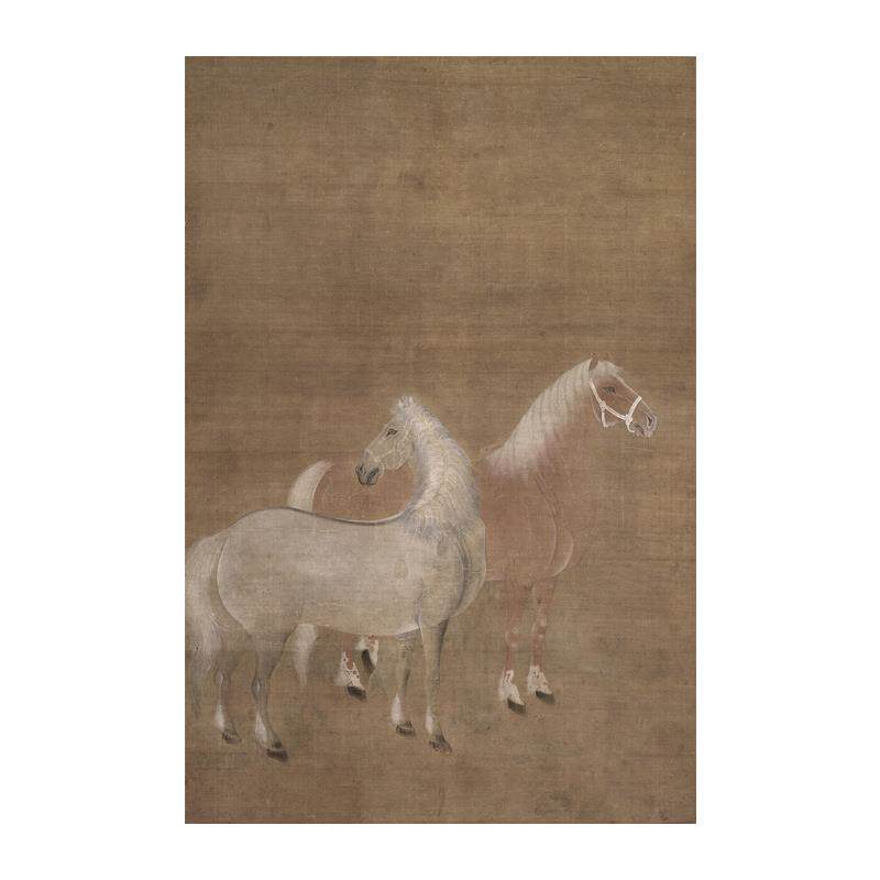 新中式玄关复古挂画茶室背景怀旧双马图装饰画侘寂风书房极简无框