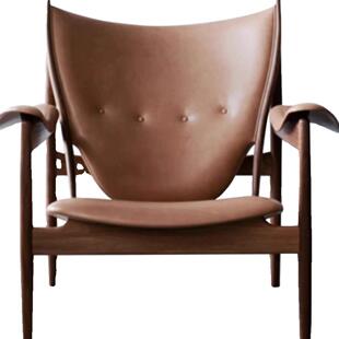 真皮酋长椅实木单人沙发椅轻奢周杰伦同款黑胡桃木复古椅子北欧