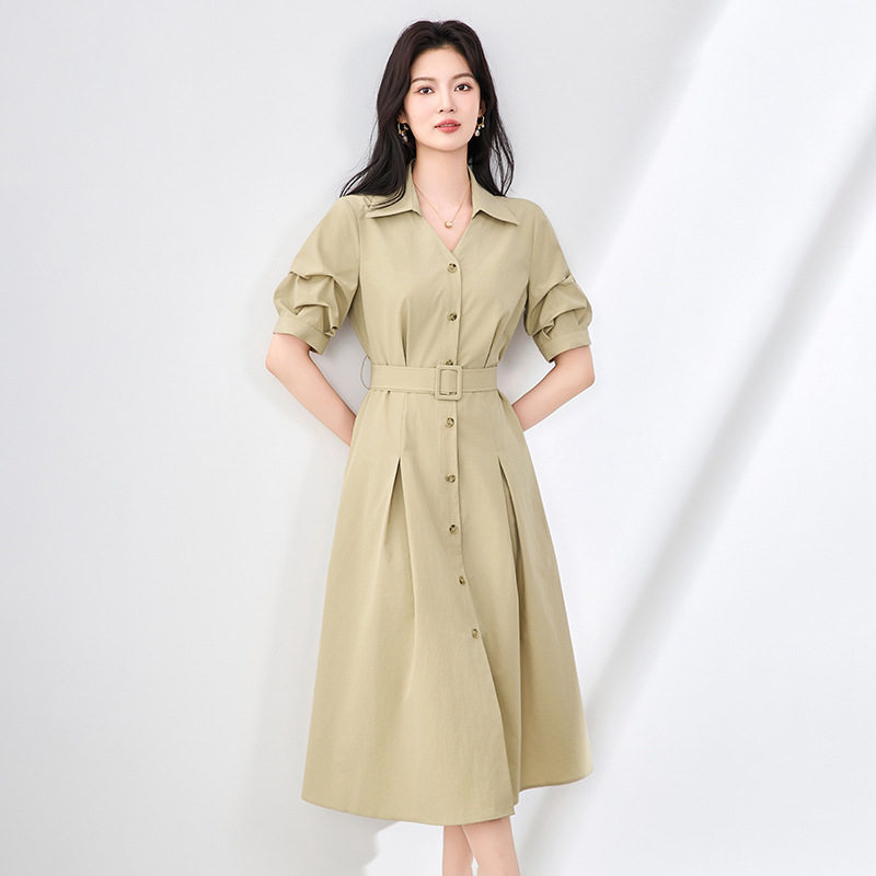 2025年夏季新款高级感气质堆堆袖翻领衬衫式通勤收腰中长连衣裙