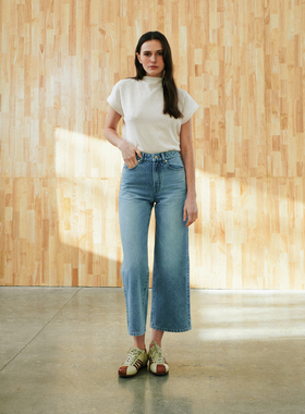 GALASHELLS#0440201-B3蓝色和纸混纺九分小直筒牛仔裤