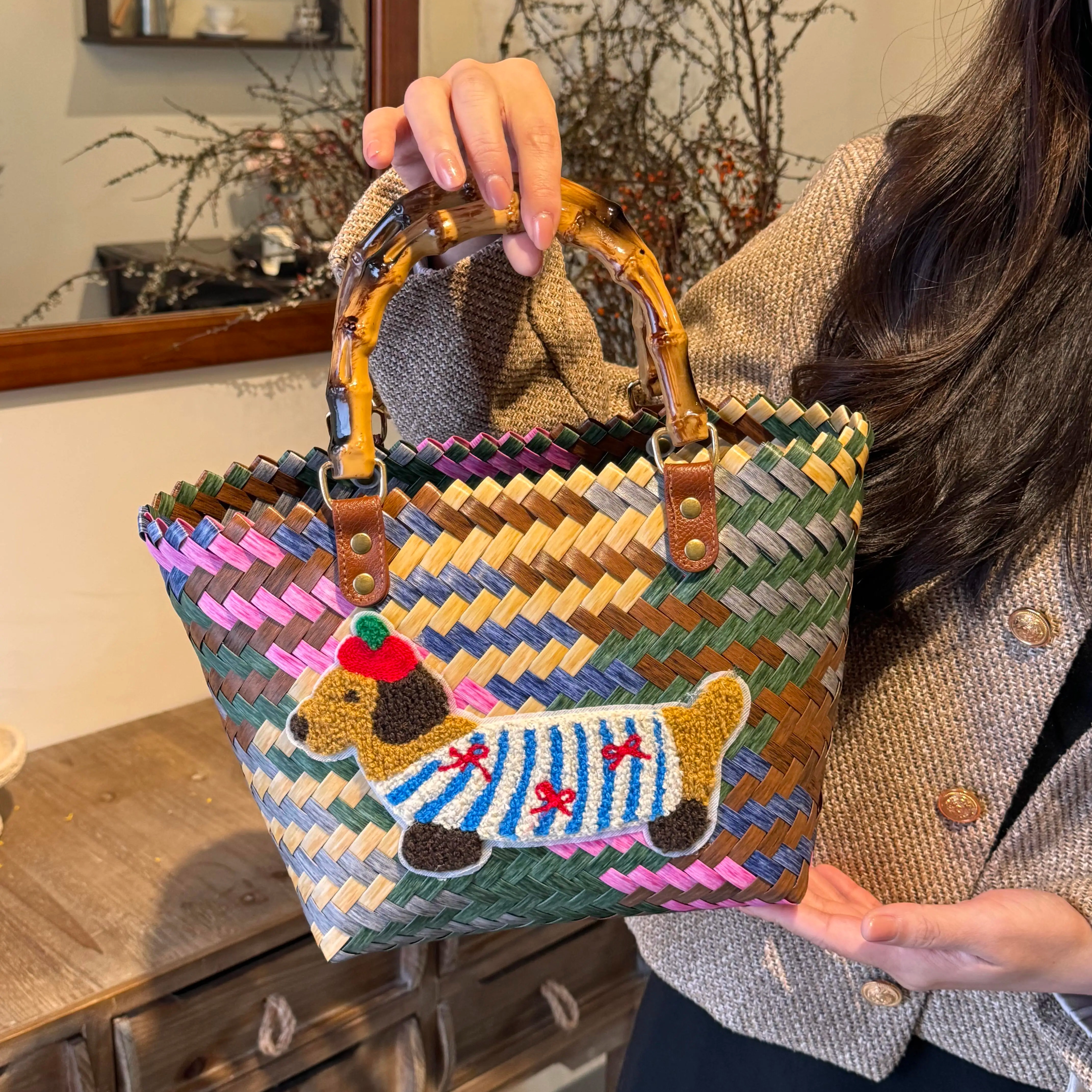 腊肠小狗菜篮子上班通勤包包手提篮编织包藤编手提竹节复古沙滩包