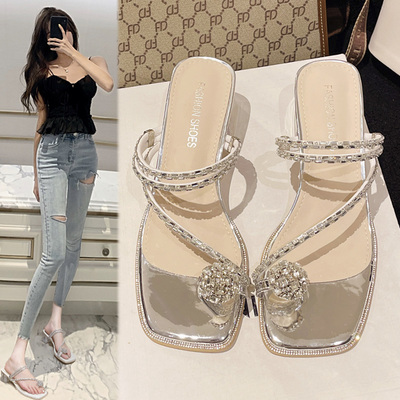 高跟凉鞋女2025新款夏季配裙子粗跟水晶水钻法式仙女风凉拖鞋外穿