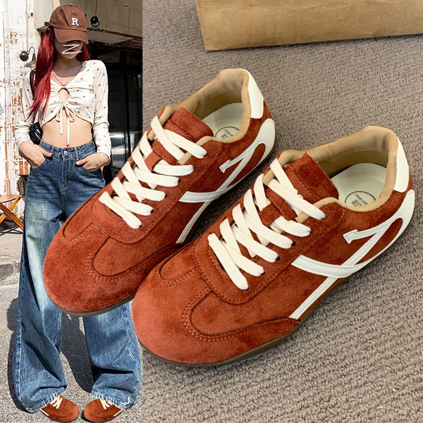 复古枫叶红色德训鞋女鞋2026年春季新款百搭运动休闲系带平底板鞋,女鞋,德训鞋,淘宝优惠券,粉丝福利购,淘宝优惠卷