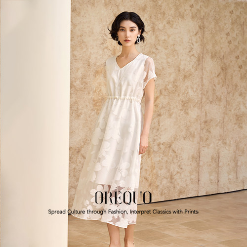 OREQUO HOLIDAY 蕾丝双层v领连衣裙法式优雅小众高级感裙子