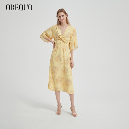 【100%桑蚕丝】OREQUO HOLIDAY 夏季V领时尚喇叭袖真丝V领连衣裙