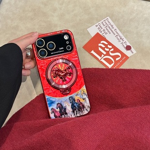 马年2026新年款小马支架适用苹果17promax手机壳新款iphone17国潮红色硬壳16pro自带镜头膜15全包防摔保护套