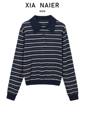 【100羊毛】miu家条纹早秋polo领长袖条纹简约百搭上衣ZCA3068