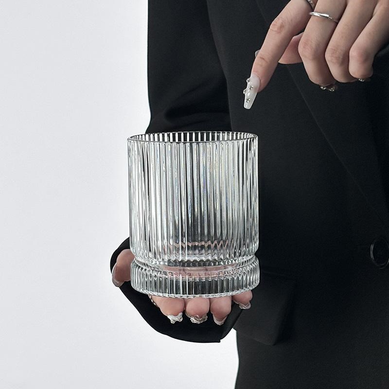 速发简约条水玻璃杯家用冰美式拿铁咖啡杯果汁杯饮料杯牛奶杯纹杯