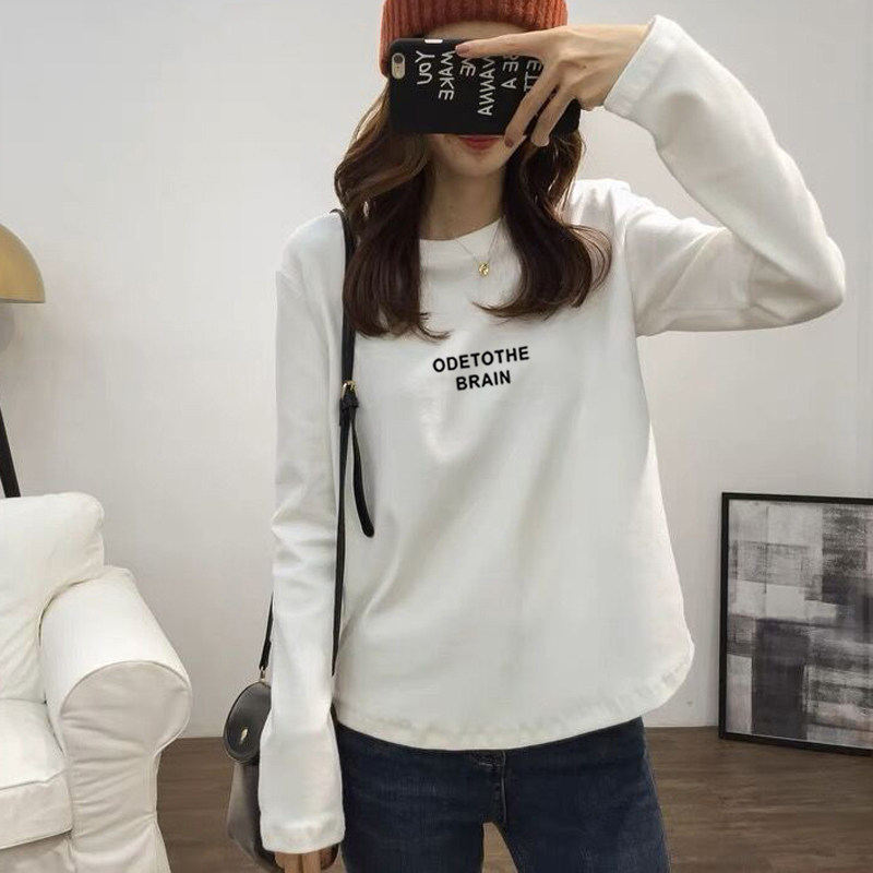 韩国磨毛加厚圆领打底衫女春秋宽松上衣百搭显瘦纯棉长袖白色T恤
