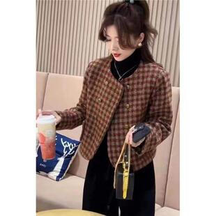 香港2025秋冬新款小香风小个子高级感上衣短款红色格子外套女欧货