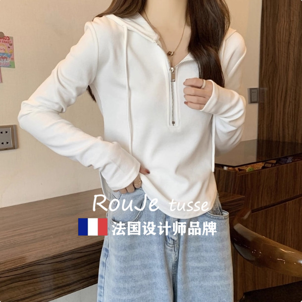 白色抽绳连帽t恤女长袖2025秋季新款修身显瘦百搭设计感打底上衣