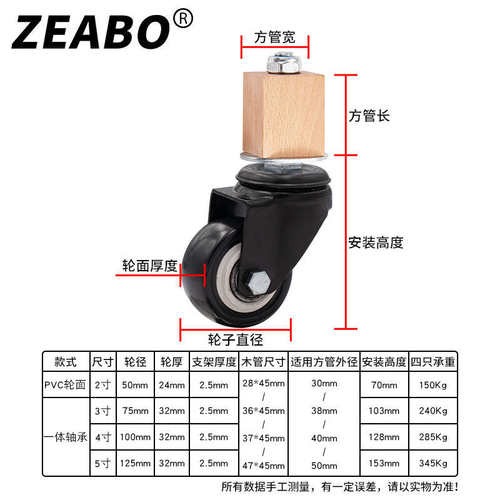 (4只装)方管30/38/40/50mm不锈钢管家具腿铁管用脚轮带刹车万向轮