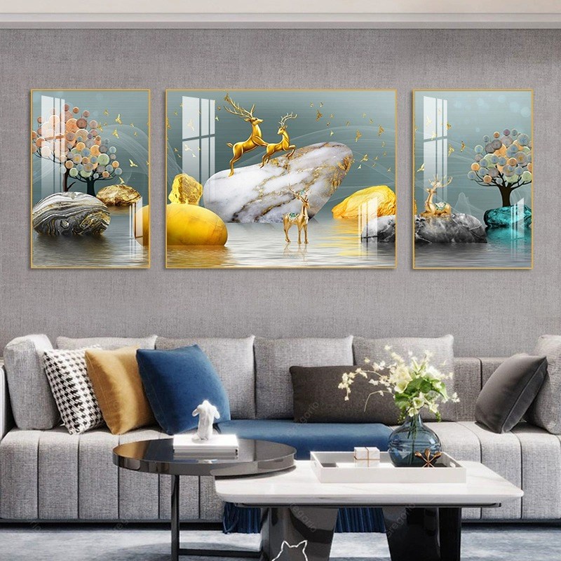 晶瓷镶钻客厅装饰画沙发背景墙三联画现代简约挂画V高端轻奢墙壁图片