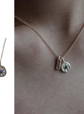 黄铜厚镀银色轻奢风原创设计简约时尚百搭蓝色吊坠项链自留女生款