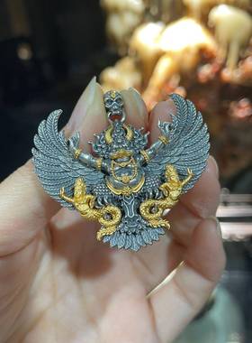 国潮做旧藏传黄铜镀银二龙女大鹏金翅鸟吊坠护法挂坠国风项链