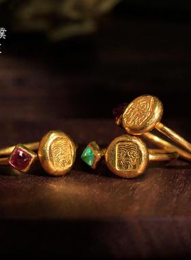 金店同款古法沙金扎基拉姆开口戒指简约气质复古男女款送礼物