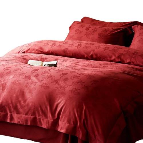 中式婚庆全棉磨毛四件套玫瑰提花加厚秋冬结婚被套床品大红色