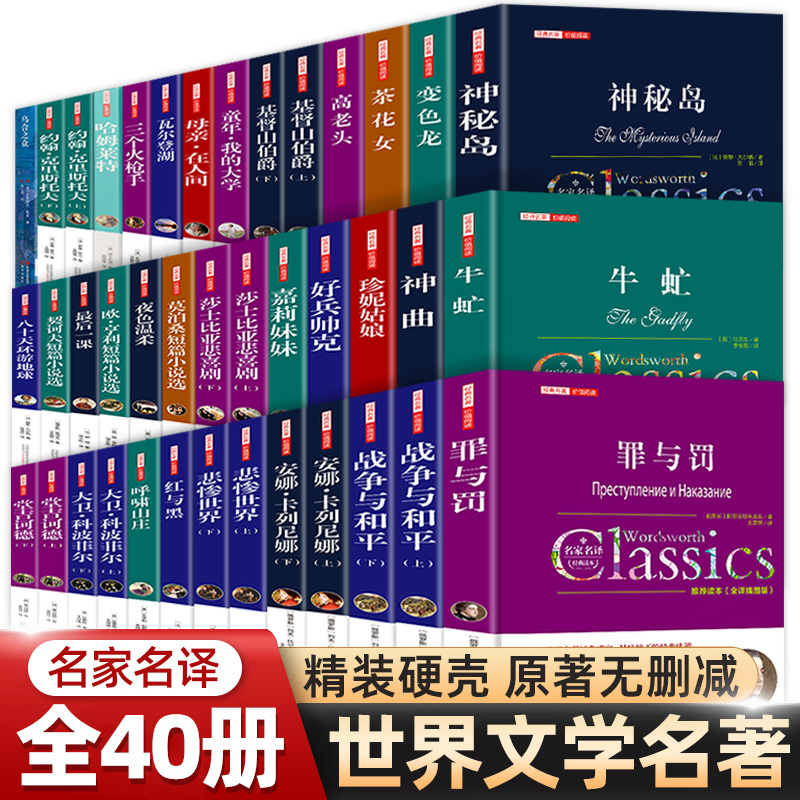 世界名著书籍全套40册 悲惨世界罪与罚战争与和平童年我的大学八十天环游地球莎士比亚悲喜剧大卫科波菲尔原著无删减中文全本