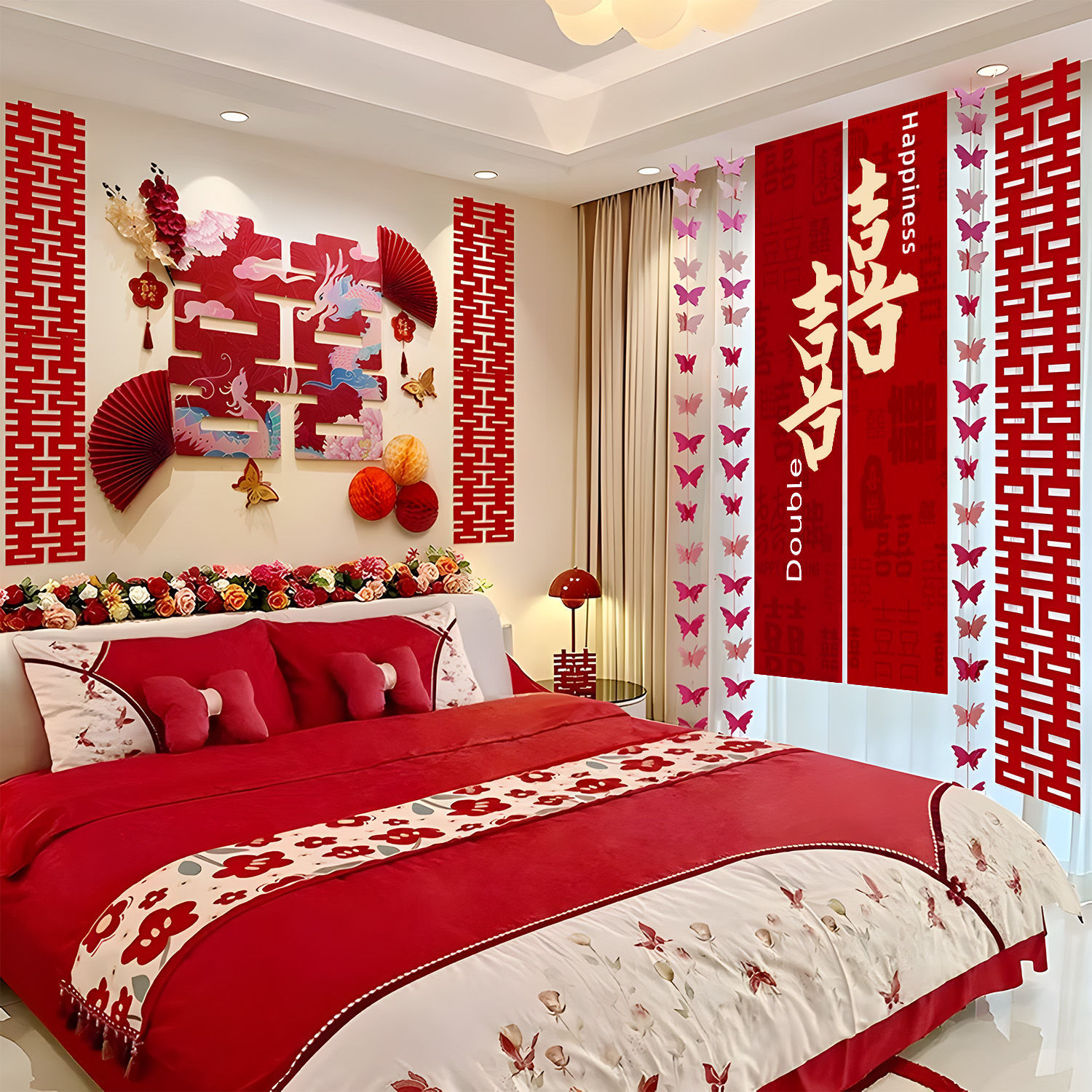 婚房布置套装男方新房结婚装饰女方卧室床头拉花窗帘婚礼女方出嫁