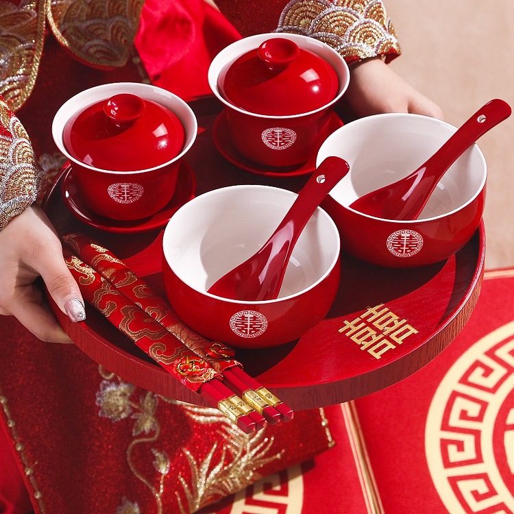 敬茶杯一对结婚喜碗陪嫁碗筷茶具套装婚礼用品改口敬酒红色盖碗