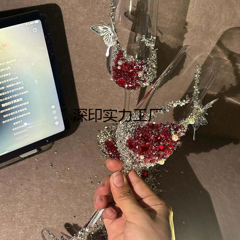红色星河碎石敬酒杯婚礼喜庆红色香槟杯手工新婚送闺蜜手工礼物