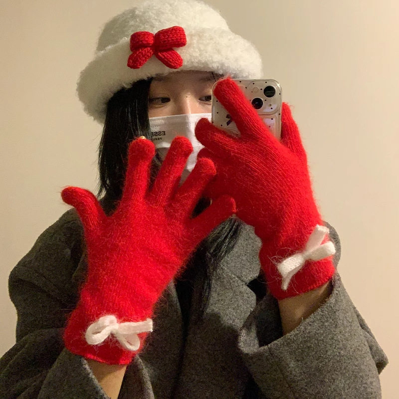 韩系混羊毛蝴蝶结露指分指手套女2024秋冬季可触屏加厚加绒骑车潮