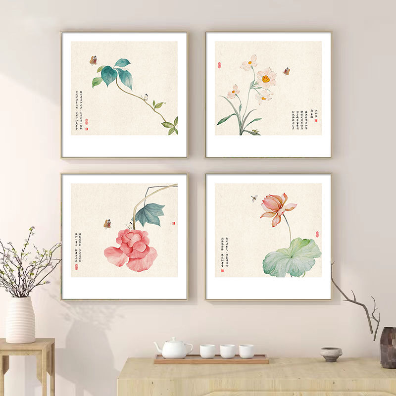 新中式客厅国风挂画沙发餐厅装饰画书房茶室国画四方形荷花壁画图片