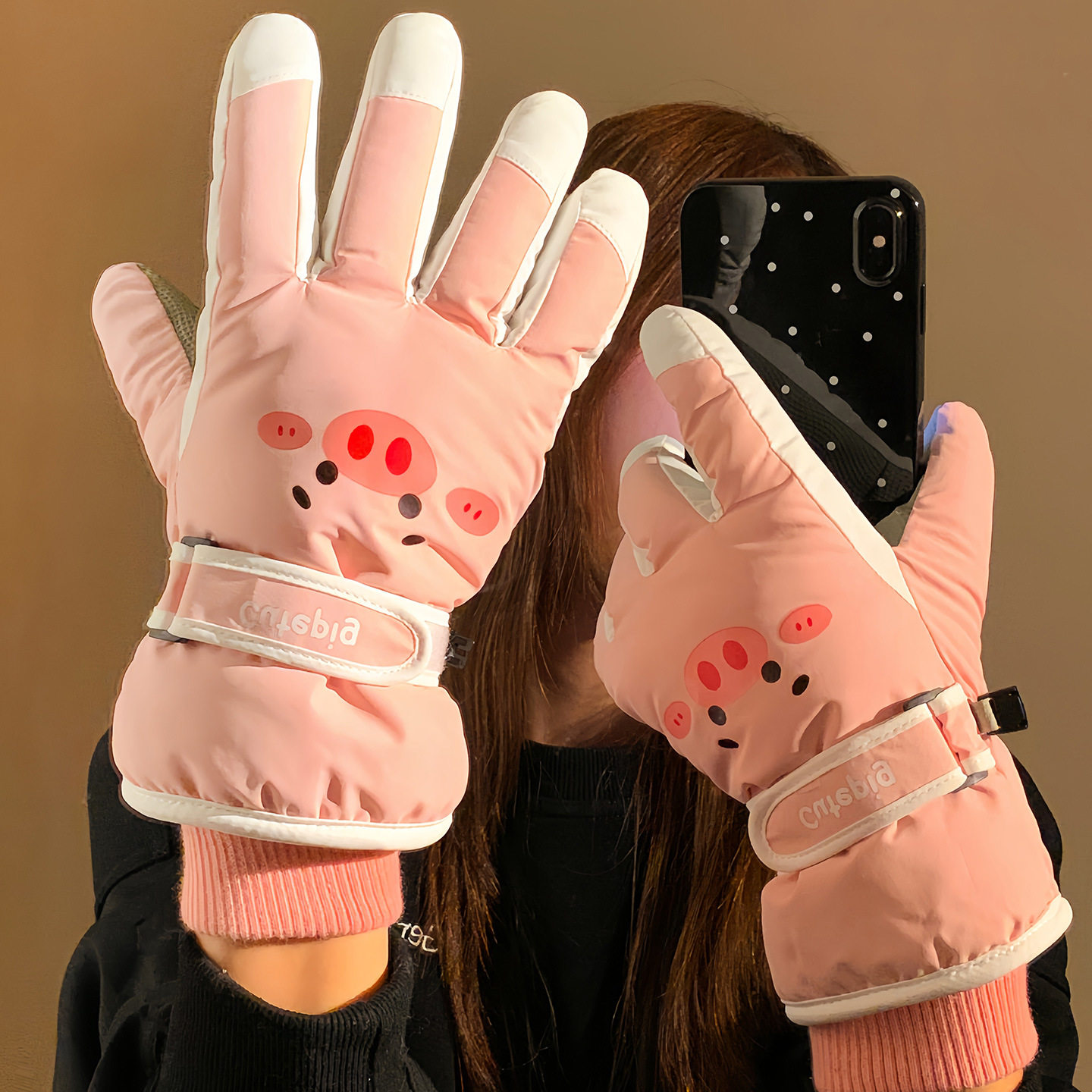 可爱小猪滑雪手套女士冬季可触屏加绒加厚防寒电动车骑行保暖防风