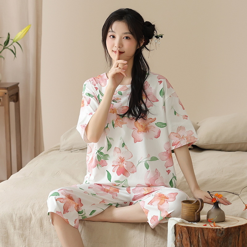 櫻姿彤國(guó)風(fēng)睡衣女士夏季薄款國(guó)潮古風(fēng)家居服套裝休閑短袖七分褲女
