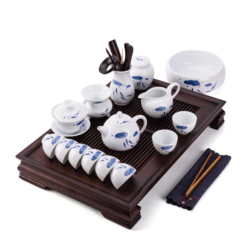 速发手绘青花瓷功夫茶具套装家用茶壶整套茶杯盖碗茶盘竹茶台简约