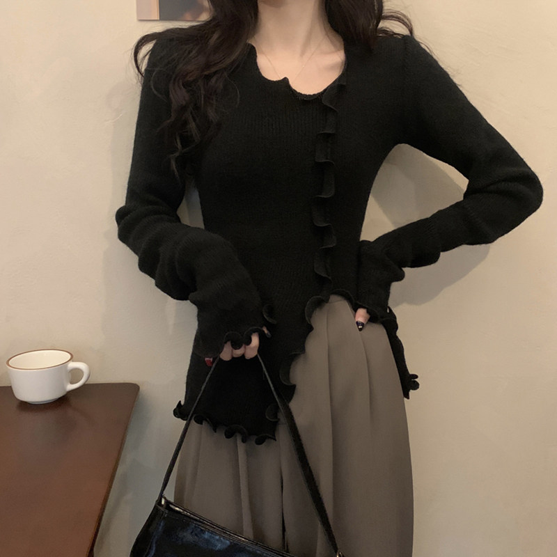 速发黑开不规则针织打底衫秋冬春木耳短款色叉内搭长袖上衣季秋