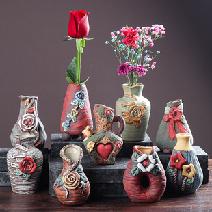 速发陶瓷手内复古花瓶室绘铜面桌钱草花盆满天星干花花插桌面装饰