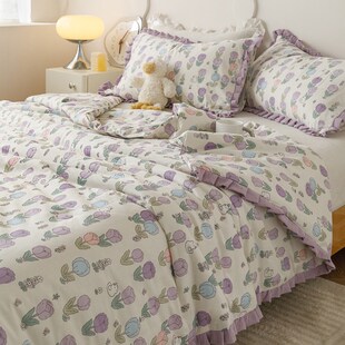 速发202被新凉可机洗法式皱绉纱花边款全棉夏被春秋4夏款被大豆纤