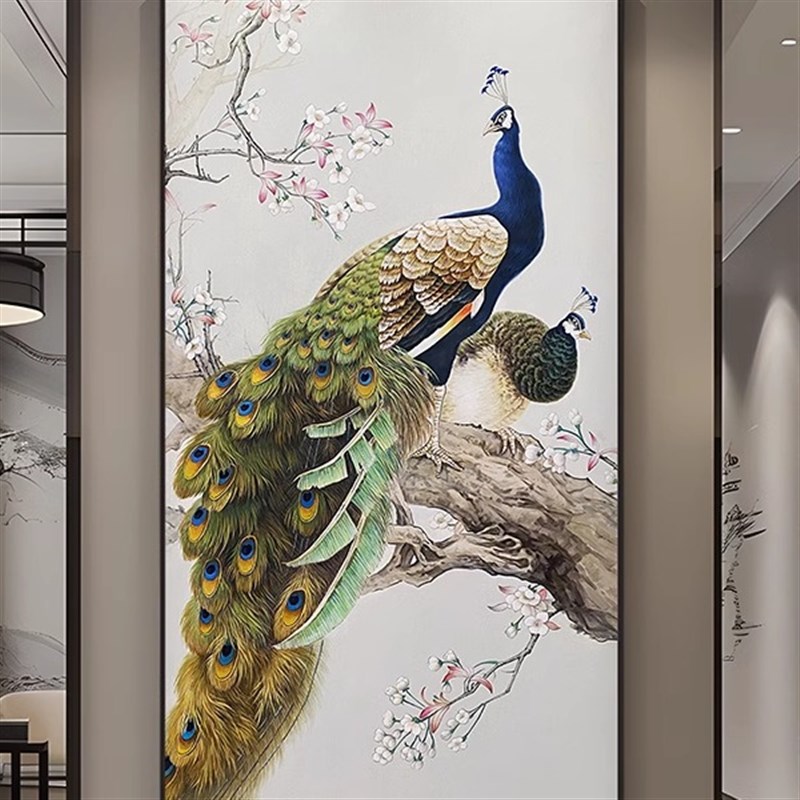 速发孔雀纯手绘油画客厅玄关挂画走廊过道入户门装饰画中式艺术画图片