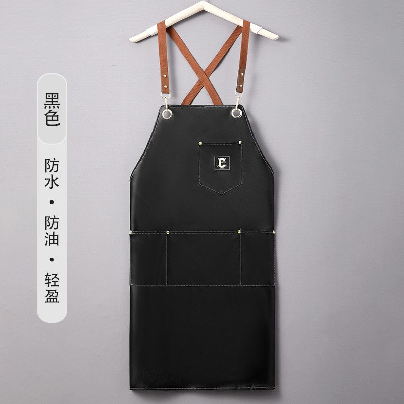 速发皮革PU围裙家用厨房防水防油软皮背带围腰男做饭工作服可印lo