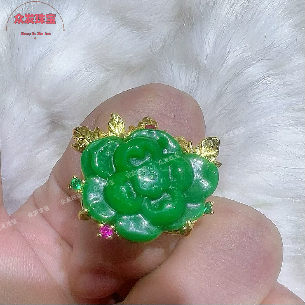 天然A货翡翠干青牡丹花戒指翡翠冰种玫瑰花24k活口戒指节日礼物,珠宝/钻石/翡翠,戒指/指环,淘宝优惠券,粉丝福利购,淘宝优惠卷