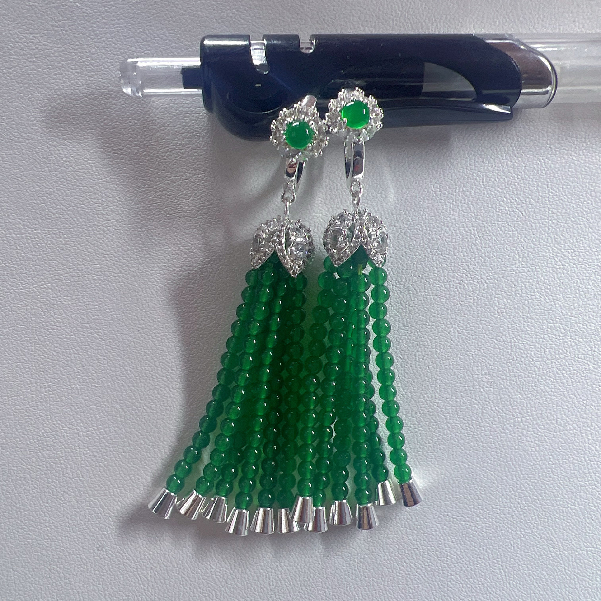 天然翡翠A货耳坠小米珠翡翠耳扣流苏款高冰正阳绿帝王绿辣绿耳饰