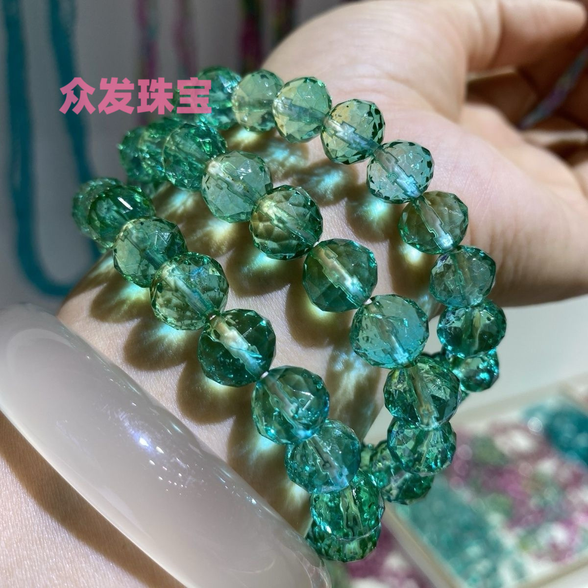 正品巴西老矿绿碧玺共生糖果碧玺刻面超闪手链单圈旺夫旺子旺事业