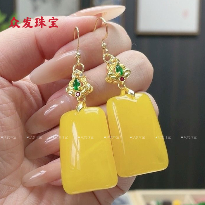 原创天然蜜蜡无事牌耳坠新中式复古国风长款气质送人平安镶嵌高级