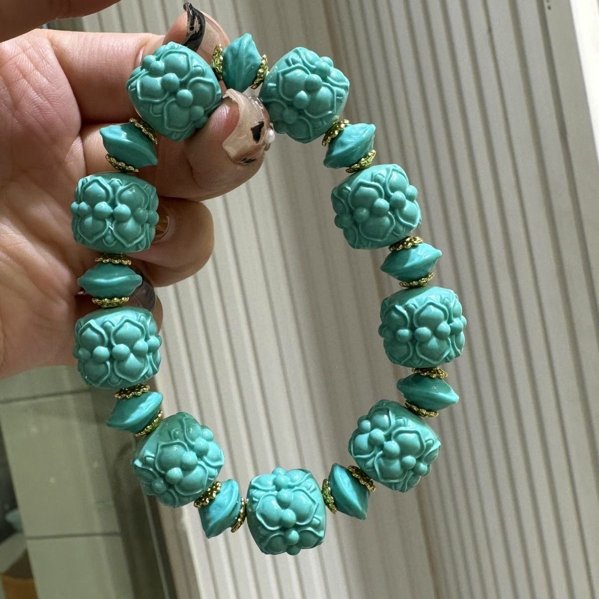 湖北高瓷绿松石雕刻莲花老型手链配件文玩配饰手串文玩男女款高级