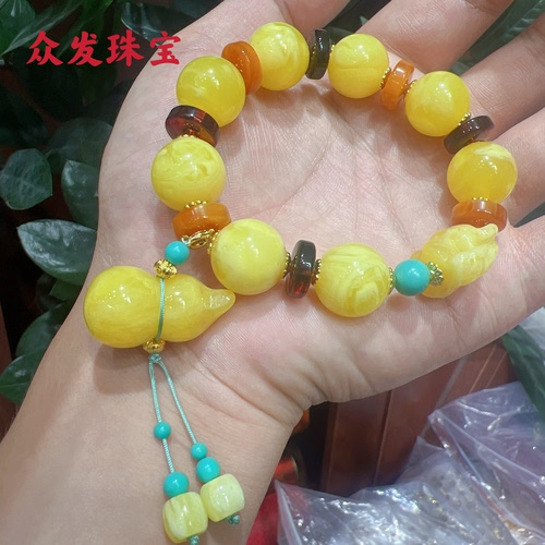 新品蜜蜡多宝手链葫芦提溜手链富贵手串女款高颜值鸡油黄蜜蜡琥珀