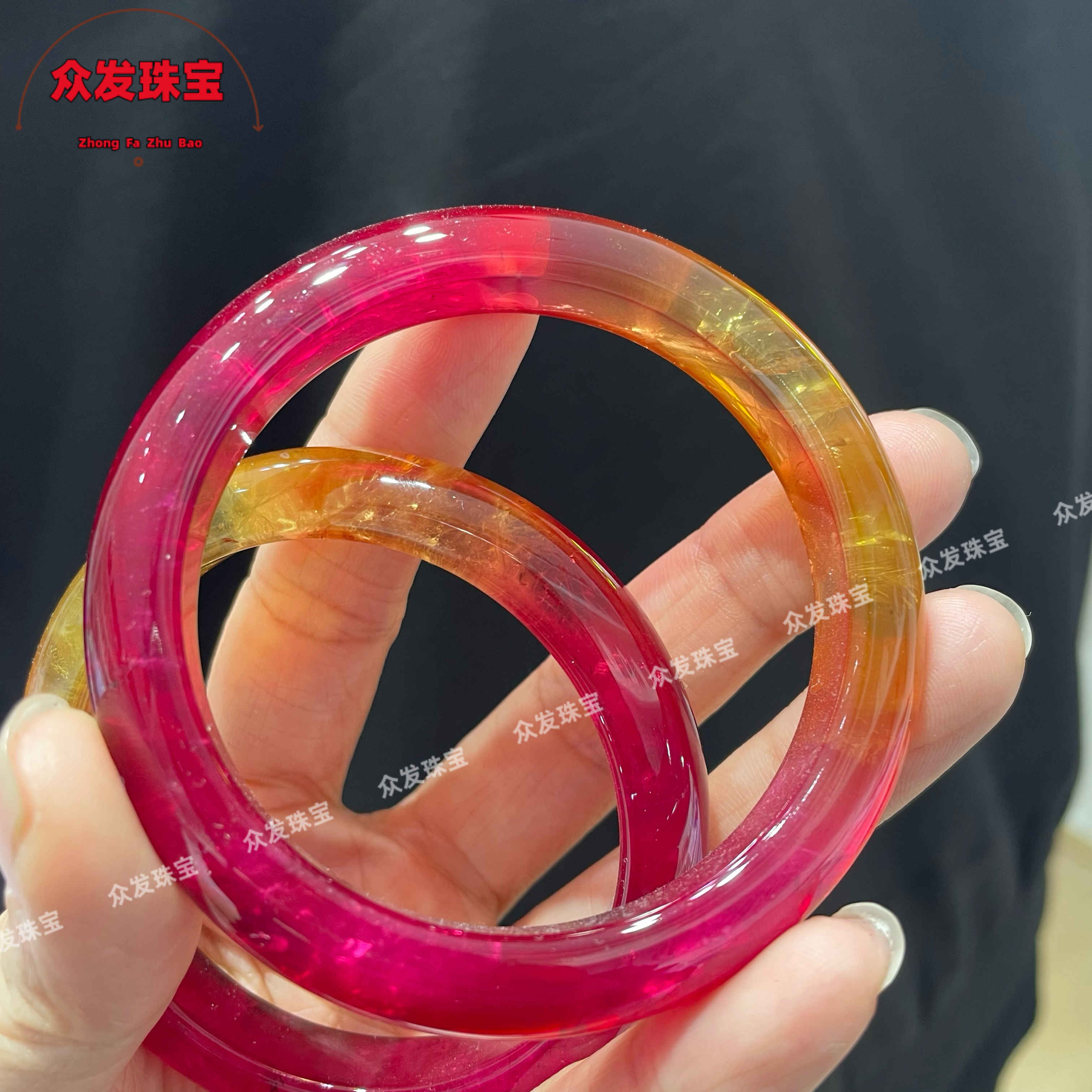 巴西正品碧玺手镯双色西瓜手镯鸳鸯色碧玺旺夫女人石贵妃镯子爆款