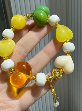 新品蜜蜡屁桃多宝手链长命富贵手串女款高颜值鸡油黄蜜蜡琥珀松石