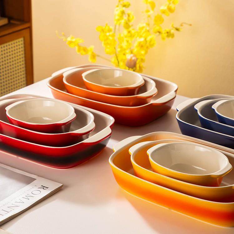 外贸出口长方色釉双耳陶瓷烤盘家用耐高温可微波炉烤箱芝士焗饭盘